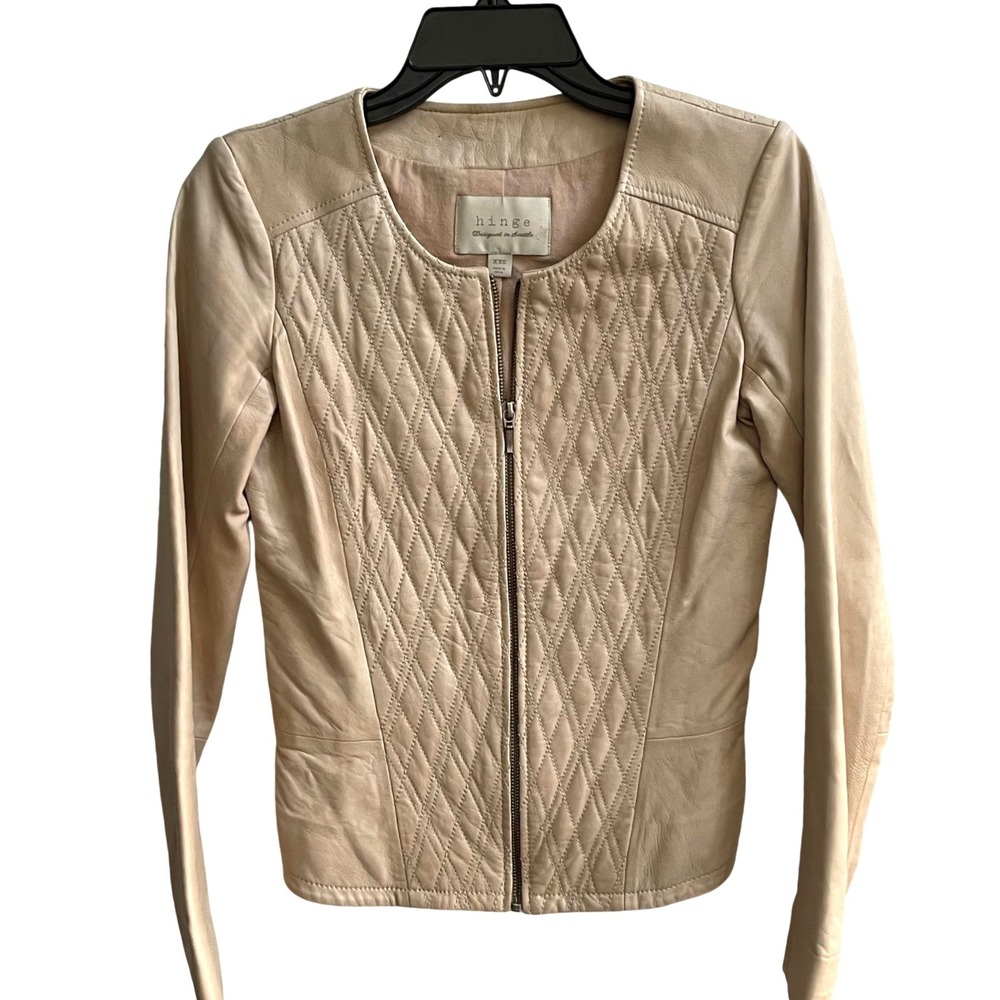Hinge Quilted Leather Jacket Women XXS Beige Minimalist Collarless‎ Zip Moto
